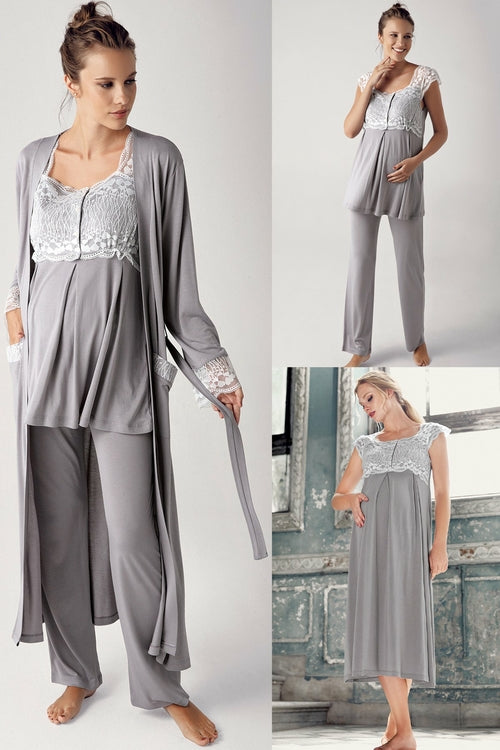 Lace 4-Piece Maternity & Nursing Lounge Set – Soft Grey