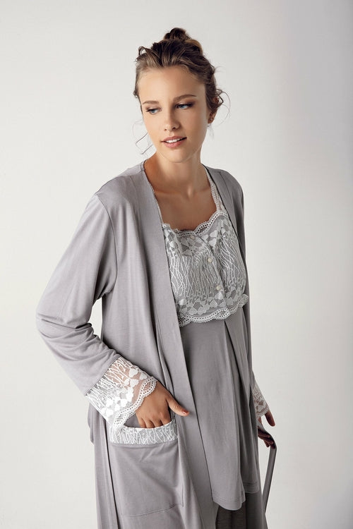 Lace 4-Piece Maternity & Nursing Lounge Set – Soft Grey