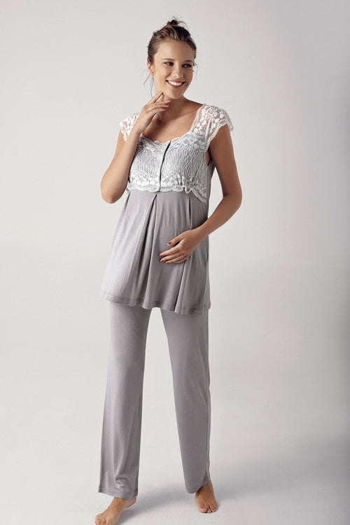 Lace 4-Piece Maternity & Nursing Lounge Set – Soft Grey