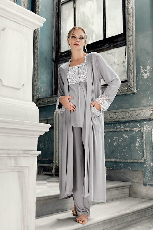 Lace 4-Piece Maternity & Nursing Lounge Set – Soft Grey