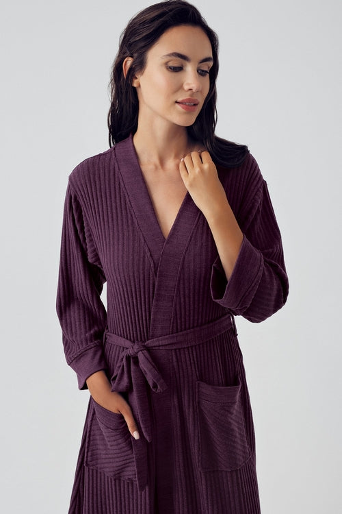 Jacquard Knit Long Maternity & Nursing Robe – Purple
