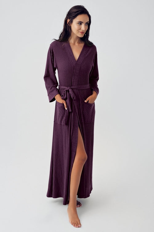 Jacquard Knit Long Maternity & Nursing Robe – Purple