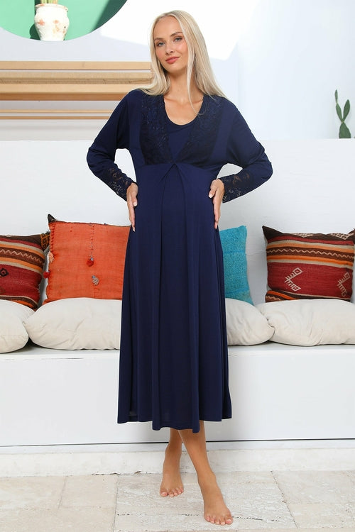 Embroidered Maternity & Nursing Nightgown-Navy Blue