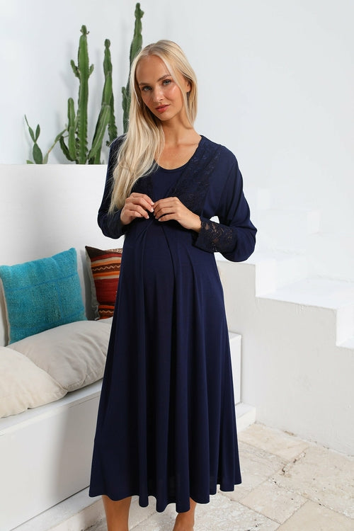 Embroidered Maternity & Nursing Nightgown-Navy Blue