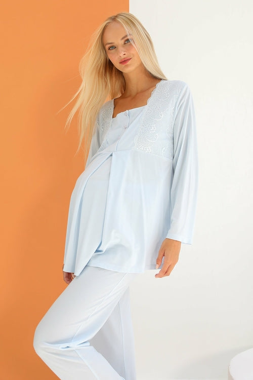 Classic 3-Piece Maternity & Nursing Pyjama Set – Blue