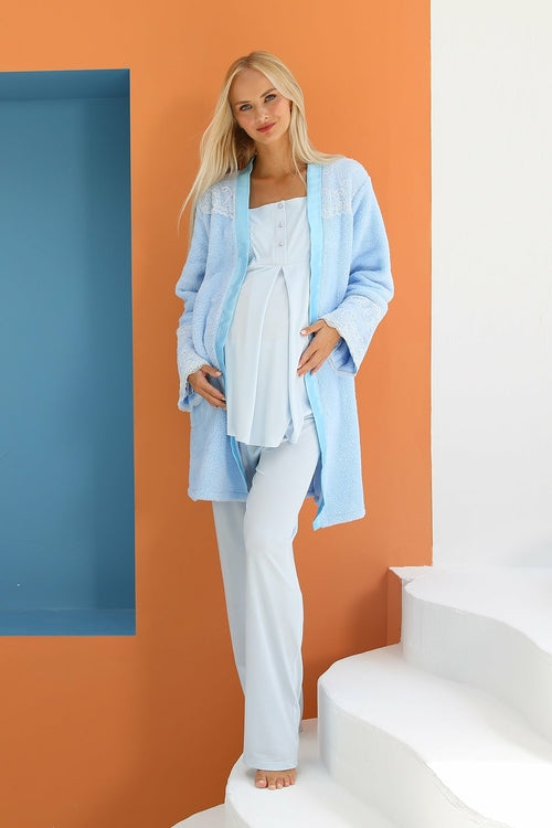Classic 3-Piece Maternity & Nursing Pyjama Set – Blue